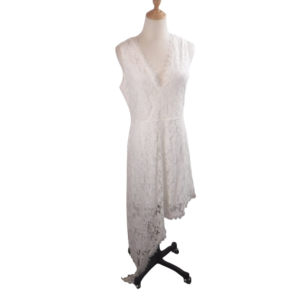 Oyrosy White Floral Lace Asymmetrical High Low V-Neck Sleeveless Dress Large NWT